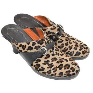 Cole Haan Tan Brown Leather Cheetah Leopard Fur Buckle Mules Slides Heels 7